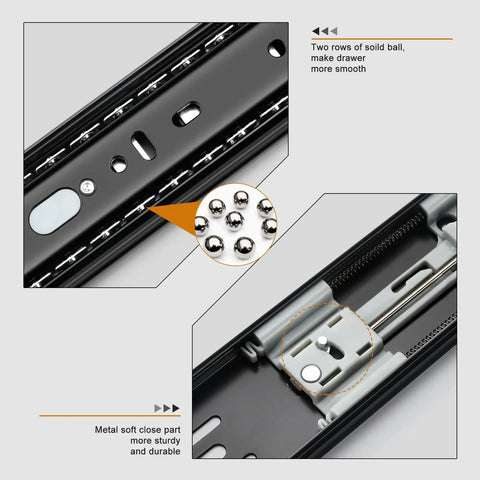 Close-up of 22 Inch Soft Close Drawer Slides with black ball bearings and metal soft close mechanism, heavy duty 100 lb capacity.