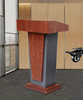 Premium Rolling Lectern And Portable Wooden Mobile Podium Featuring Locking Casters For Rolls Like A Dream making conference prep a total breeze, showing podium in office setting.