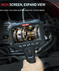Two Way Articulating Borescope Inspection Camera With Crisp Screen And Precision Zoom For Street Smart Mechanics Hvac Techs And Garage Crews To Roll Up Their Sleeves And Snag Hidden Damage In Pipes Or Tight Spots Without Breaking A Sweat showing 5 inch screen focusing on engine detail.