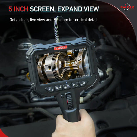 Two Way Articulating Borescope Inspection Camera With Crisp Screen And Precision Zoom For Street Smart Mechanics Hvac Techs And Garage Crews To Roll Up Their Sleeves And Snag Hidden Damage In Pipes Or Tight Spots Without Breaking A Sweat showing 5 inch screen focusing on engine detail.