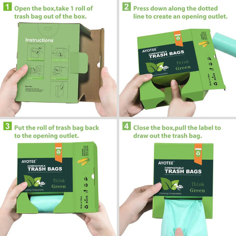 Instructions for opening Industrially Compostable 13 To 15 Gallon Tall Kitchen Trash Bags Heavy Duty Unscented 1.18 Mil Thick 60 Count