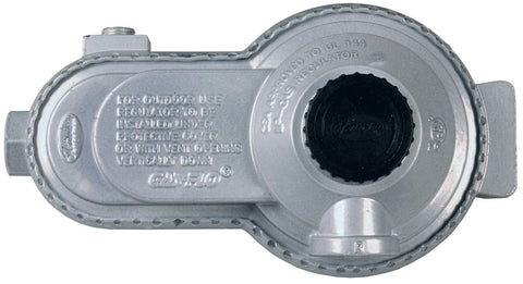 JR Products 07-30385 low-pressure two-stage LP gas regulator, silver metal body.