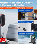 Heavy Duty EV Charger Cover For Tesla Wall Connector And Level 2 Plug With Rock Solid Buckle Straps on a Tesla vehicle.