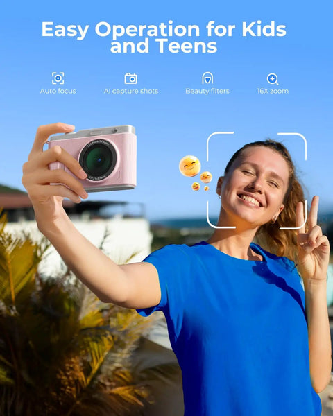 Fire Pink Wifi Digital Camera For Kids Featuring Switchable Dual Lenses And Crisp 4K Capture Point And Shoot Option With Sixteen X Zoom Anti Shake Tech Super Portable Compact Design Prime Gift For Cool Teens held by girl in blue shirt, outdoors, smiling with a peace sign.