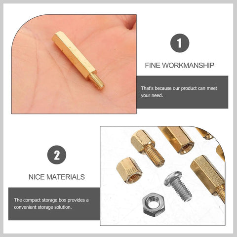 Copper Alloy Standoffs And M3 Screw Kit With Nuts In Compact Storage Box held in hand showing fine workmanship