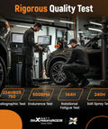 Mechanics performing rigorous quality testing on car parts in a garage, highlighting metallographic, endurance, fatigue, and salt spray tests.