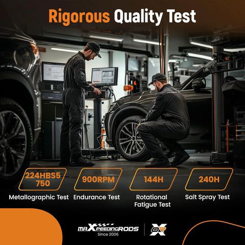 Mechanics performing rigorous quality testing on car parts in a garage, highlighting metallographic, endurance, fatigue, and salt spray tests.