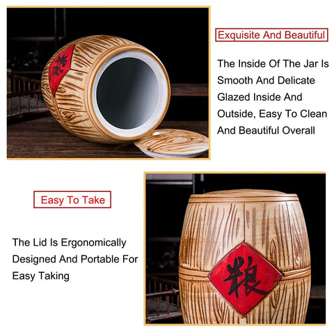 Next Level Ceramic Rice Jar With Secure Silicone Seal Big Kitchen Grain Storage Container For Bulk Coffee Beans Cereal Snack Pantry Bin view of smooth glazed interior and ergonomic lid design.
