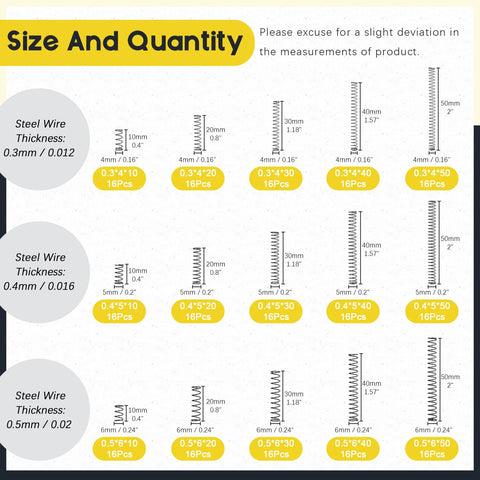 Front view of Mardatt stainless steel compression spring kit: 15 sizes, 4–6 mm OD, 10–50 mm length, 0.3–0.5 mm wire.
