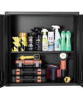 Sturdy Steel Wall Cabinet for Garage and Home Storage, 30W x 12.2D x 30H Inches, Locking Doors, Adjustable Shelves, Holds Up To 120 Lbs Per Shelf, Space Saving Floating Cabinet for Tools and Supplies, Wall Mounted, Black, open with tools