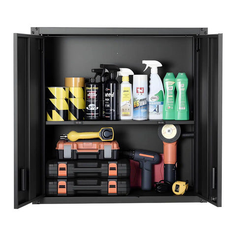 Sturdy Steel Wall Cabinet for Garage and Home Storage, 30W x 12.2D x 30H Inches, Locking Doors, Adjustable Shelves, Holds Up To 120 Lbs Per Shelf, Space Saving Floating Cabinet for Tools and Supplies, Wall Mounted, Black, open with tools
