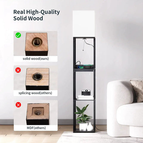 Modern Dimmable Solid Wood Floor Lamp With Shelf And Drawer Two USB Ports And Two Power Outlets in living room, black finish