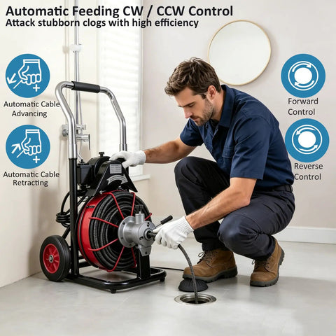 Heavy Duty Electric Sewer Auger And Drain Cleaner Machine Featuring 100 Ft Half Inch Steel Cable And 550W High Torque Motor in use for cleaning drain.