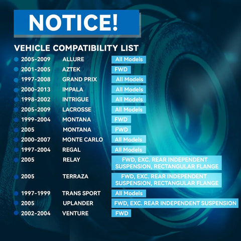 Vehicle compatibility list for Fwd Rear Wheel Bearing And Hub Assembly For Chevy Impala 2000 2013 Monte Carlo Venture Buick LaCrosse