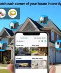 Phone app displaying 2K PTZ Solar WiFi Security Camera With AI Motion Detection, attached to house for 360 degree view