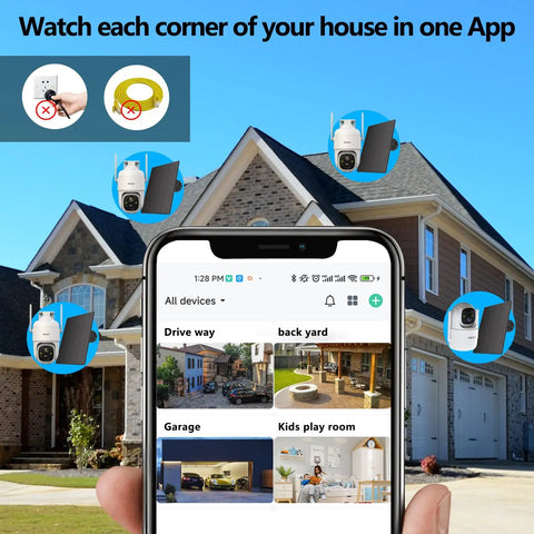 Phone app displaying 2K PTZ Solar WiFi Security Camera With AI Motion Detection, attached to house for 360 degree view
