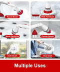 Cordless Electric Spin Scrubber With 6 Replaceable Brush Heads And Adjustable Extension Handle in use on various surfaces.