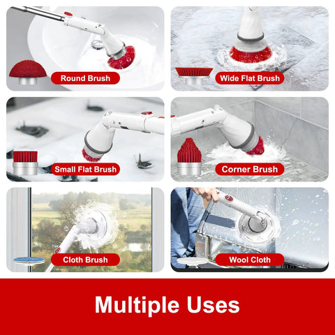 Cordless Electric Spin Scrubber With 6 Replaceable Brush Heads And Adjustable Extension Handle in use on various surfaces.