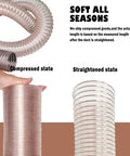 Heavy Duty Clear Polyurethane Dust Collection Hose Steel Wire Reinforced, showing compressed and straightened states for woodshop use.