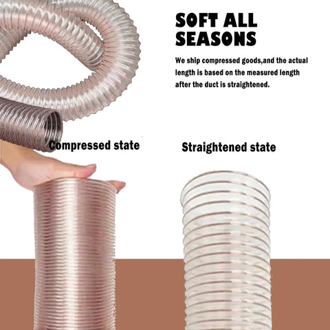 Heavy Duty Clear Polyurethane Dust Collection Hose Steel Wire Reinforced, showing compressed and straightened states for woodshop use.