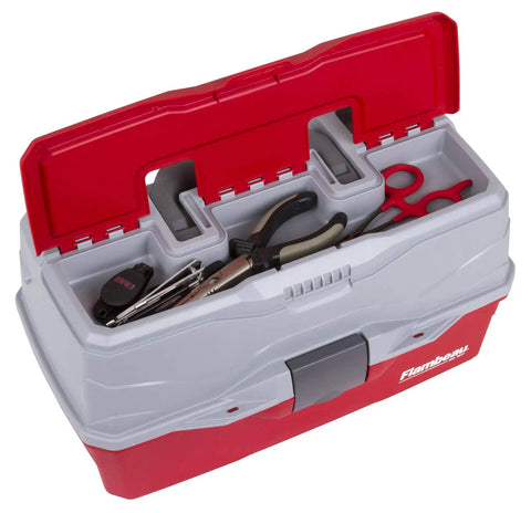 Open view of red and gray Three-Tray Tackle Box With Cantilever Design For Easy Access Large Portable Fishing Lure Storage Organizer With 32 Compartments