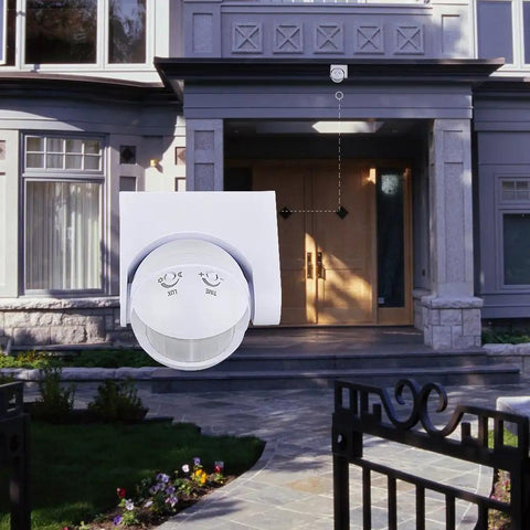 Auto On Off PIR Motion Sensor Light Switch With Adjustable Time Delay, Infrared Occupancy Sensor For Indoor And Outdoor Use, 110-240V Wall Switch, Neutral Wire Required, Easy Install Smart Lighting Control mounted outdoors on a home entrance