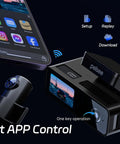 P1 Duo 4K Dash Cam Front And Rear With 64GB Card Included next to smartphone with app control features displayed