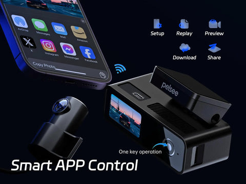 P1 Duo 4K Dash Cam Front And Rear With 64GB Card Included next to smartphone with app control features displayed