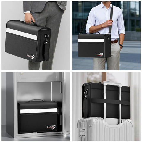 Fireproof Document Bag With Multiple Pockets Large Seventeen Inch By Twelve Point Five Inch By Seven Point Two Inch Waterproof File Organizer in use for travel and office