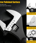 Close-up of adjustable spud wrench with mirror polish, precise metric and SAE scales highlighted, part of 4 Piece Adjustable Spud Wrench Set