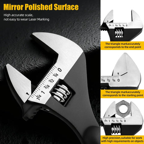 Close-up of adjustable spud wrench with mirror polish, precise metric and SAE scales highlighted, part of 4 Piece Adjustable Spud Wrench Set