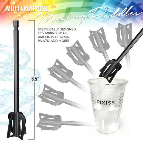 6.5-inch Workhorse Three Pack Resin Mixer Paddles For Drill Bidirectional Paint Stirrer Set next to mixing cup