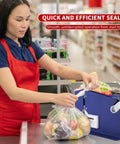 No Sweat Heavy Duty Bag Sealer With Razor Edge Trimmer and Six Pack Assorted Color Rolls in use for sealing fresh produce.