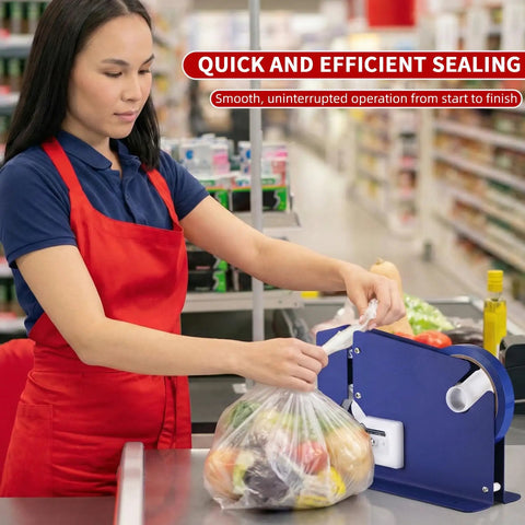 No Sweat Heavy Duty Bag Sealer With Razor Edge Trimmer and Six Pack Assorted Color Rolls in use for sealing fresh produce.