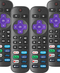 4 Pack Replacement Remote For Roku TV No Setup Required Plug And Play Backup Remote Works With TCL Hisense Onn Sharp Philips Westinghouse Roku TVs Not For Roku Sticks Boxes Or Speakers, showing four black remotes with purple buttons.