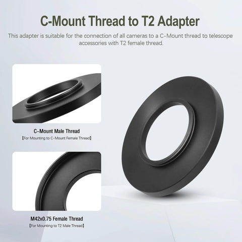 T2 Female To C Mount Telescope Camera Adapter for Telescopes and Macro Photography, Anodized Aluminum, side and top view