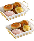 Gold Wire Serving Basket For Fruit And Bread filled with assorted breads, featuring a linen liner, perfect for snacks and party decor.