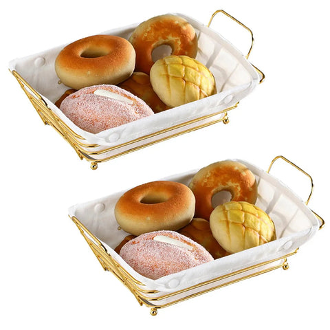 Gold Wire Serving Basket For Fruit And Bread filled with assorted breads, featuring a linen liner, perfect for snacks and party decor.