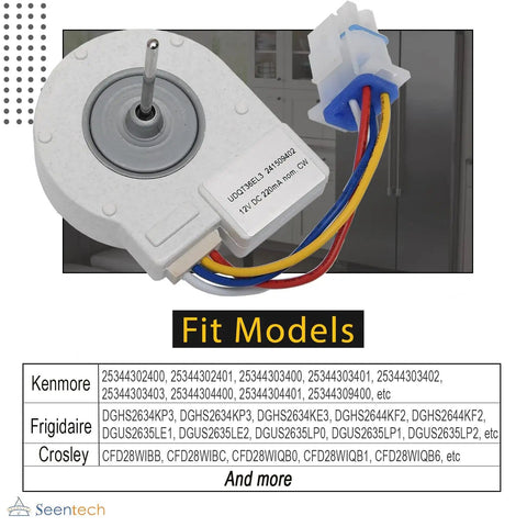 Plug And Play Evaporator Fan Motor For Frigidaire Electrolux Refrigerators Exact Fit Replacement shown with wiring harness.