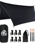 Waterproof Hammock Rain Fly Hex Tarp 12 By 9 Feet Portable Large Camping Shelter with accessories in ripstop nylon.