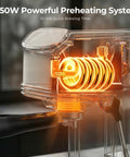 1450W powerful preheating system in a semi automatic espresso machine, featuring a visible heating coil mechanism.