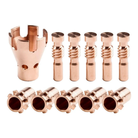 Ultimate 11-Piece Plasma Cutter Tips And Nozzles Kit Made For Procut 55 And 80 Series Machines showing copper nozzles and electrodes.