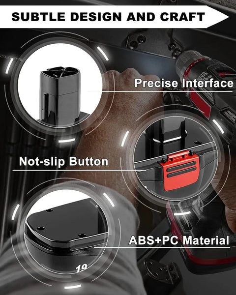 Diagram showcasing features of Beefed-Up 3.6Ah Ni-MH Replacement Battery for 19.2V Cordless Tools, highlighting design and material.
