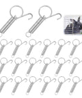 20-piece stainless steel spring latch set for pet cages; each latch has a round ring and curved hook.