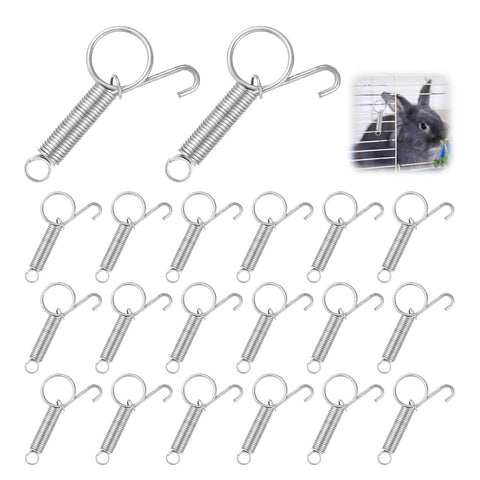 20-piece stainless steel spring latch set for pet cages; each latch has a round ring and curved hook.