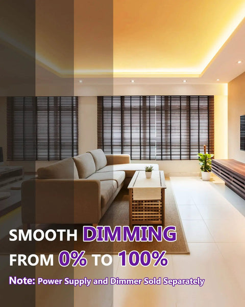 Living room with LED ceiling light showcasing dimming, emphasizing 'Warm White 3000K COB LED Strip Light 16.4ft High Density 2560 LEDs 24V Tape for DIY Install, 350 Lumens Per Foot, CRI 90+, IP30, Great for Kitchen Cabinets and Under Cabinet Lighting, Strip Only, Power Supply Not Included, UL Listed' with smooth dimming text.