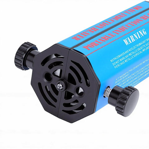 Heavy Duty 1300W Magnetic Induction Heater Built For Garage Guys To Kick Off Rusty Jammed Bolts Nuts Screws And Bearings In Lightning Fast 25 Second Blast Safe Shop Workhorse With Complete Coil Set close-up of coil holder and control knob.