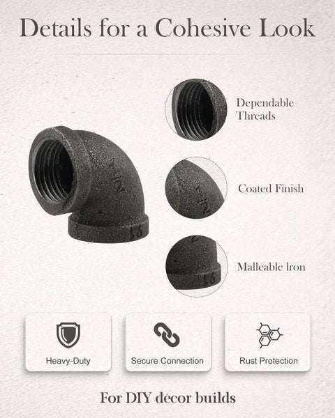 10 Pack One Half Inch Malleable Cast Iron Pipe Elbows 90 Degree Fittings For Threaded Black Pipes with features highlighted.