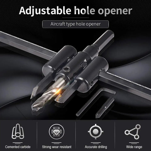 Heavy Duty Adjustable Circle Hole Cutter Saw Kit For Wood And Drywall Precision Dual Blade Drill Bit shows adjustable hole opener with carbide blade.