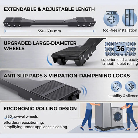 Ultimate Heavy Duty Appliance Roller With Extendable Frame For Moving Washing Machines Refrigerators Furniture And Appliances Effortlessly Slide Gear Shelves On Smooth Sliding Sliders For Home Renovation Projects showing adjustable length and smooth rollers.